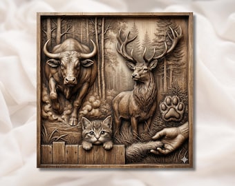 Wildlife Forest 3D Relief STL | CNC Router Wood Carving | Trophy Room Plaque | Father's Day Hunter Gift