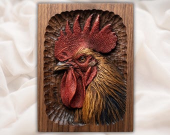 Głowa koguta, relief 3D STL do frezarki CNC | Panel z rzeźbionym kurczakiem w stylu wiejskim | Sztuka ścienna w stodole | Portret kurczaka i koguta STL