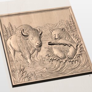 Bear Fishing & Bison 3D Relief STL view 3