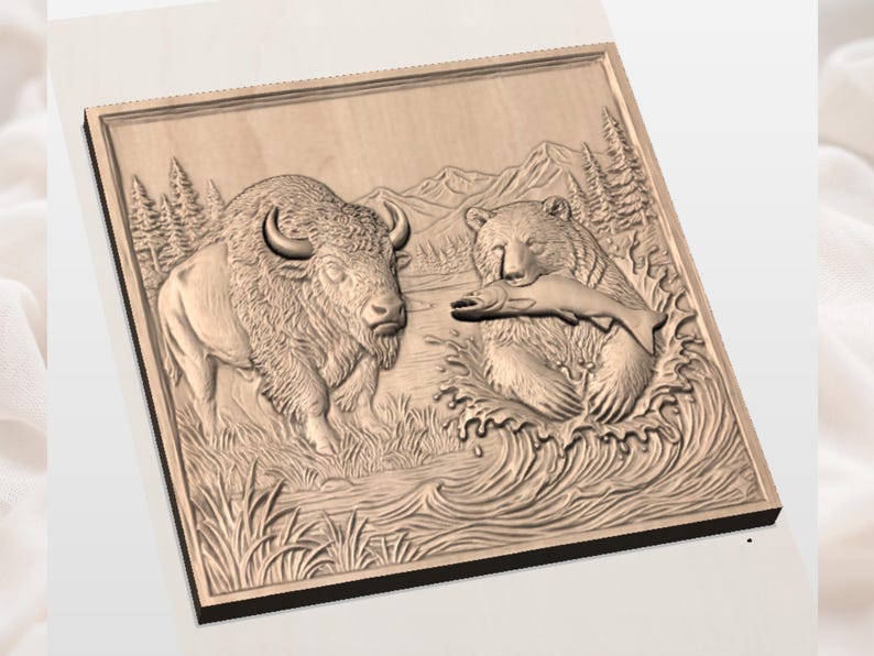 May include: A wooden relief carving depicting a bison and a bear. The bison stands in a grassy area, while the bear, holding a fish, is in a body of water. Mountains and trees are in the background.