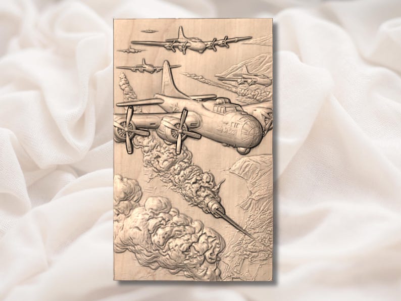 May include: A wooden relief carving depicting several vintage airplanes in flight. The central plane has four propellers and is surrounded by clouds and smoke. Other planes are visible in the background, and the carving is set against a light background.