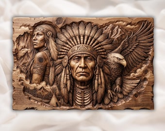Native Scene File | Headdress Portrait Carving | Eagle Spirit Decor | Western Rustic Artwork | Engraved Wood Look | Teepee Forest Plaque