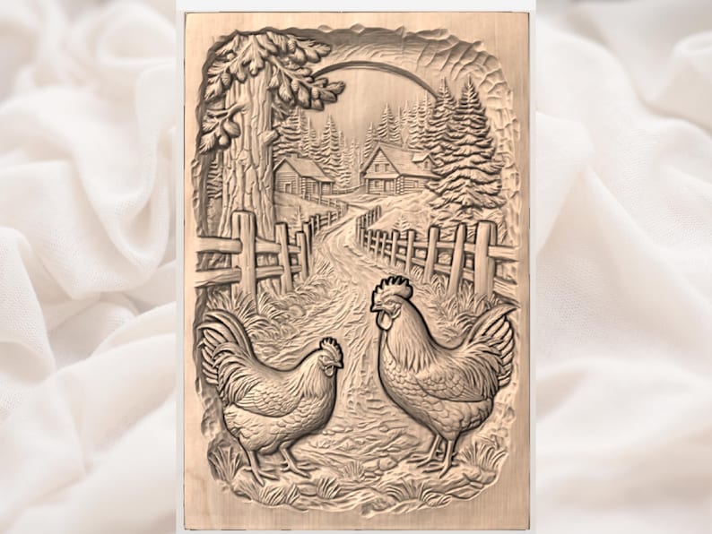 May include: A detailed wood carving depicts a rural scene with two roosters in the foreground. A path leads to cabins and trees, framed by a fence and a large tree. The carving is in shades of brown, showcasing a rustic, country theme.
