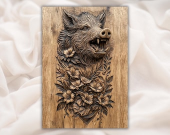 Dzik w reliefie 3D STL | Plik do rzeźbienia w drewnie z frezarką CNC | Kwiatowa grafika ścienna z głową dzika | Dekoracja domku myśliwskiego | Grawerowanie laserowe i druk 3D
