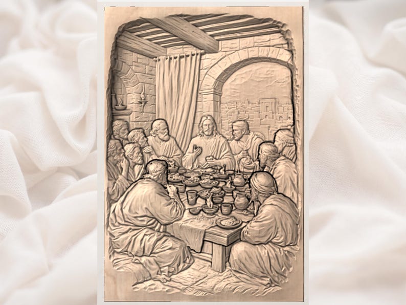 May include: A detailed relief carving depicting the Last Supper. The scene shows Jesus and his disciples gathered around a table laden with food and drink. The artwork is rendered in shades of brown and beige, with architectural details in the background.