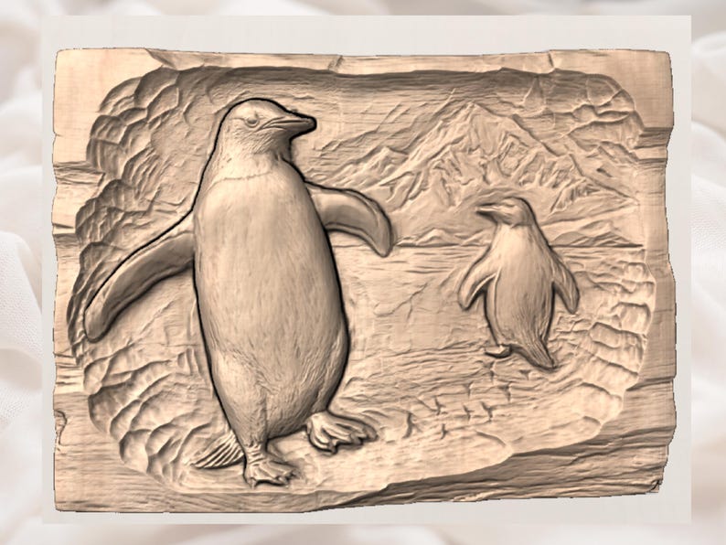 May include: A wooden relief carving depicting two penguins in a snowy landscape. The larger penguin stands with outstretched wings, while a smaller penguin stands nearby. The background features mountains and a body of water. The carving is in shades of brown.