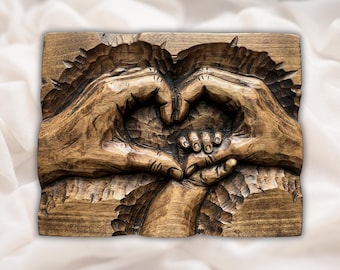 Heart Hands Relief STL | Mother Child love Hands | Love & Family Wood Grain Bas Relief Panel | Wedding Gift Wall Art | 3D Print / Laser