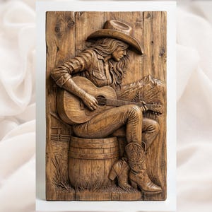 Cowgirl Guitar Player 3D Relief STL view 1