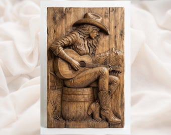 Cowgirl Guitar Player 3D Relief STL | Western Country Music Wall Art Panel | CNC Router 3D Print Laser Engrave File