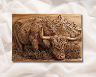 Highland Cow 3D Relief STL | Longhorn Hairy Cow Mountain Landscape Wall Art | CNC Router 3D Print Laser Engrave File