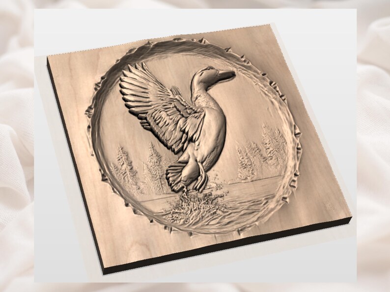 Flygande anka 3D-relief STL-fil | Rund träådring CNC-snideridesign | Väggkonst med djurliv i sjön | 3D-utskrift och lasergravering STL bild 2