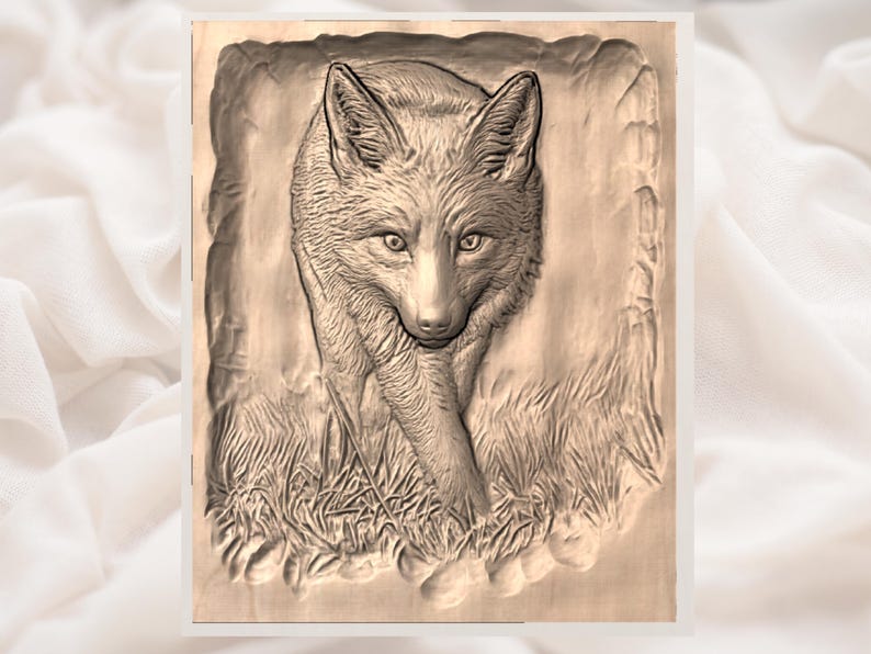 May include: A detailed wood carving of a fox, depicted in a naturalistic style. The fox is shown walking forward, with its front paw extended. The carving includes detailed fur and grass, creating a three-dimensional effect. The artwork is framed.