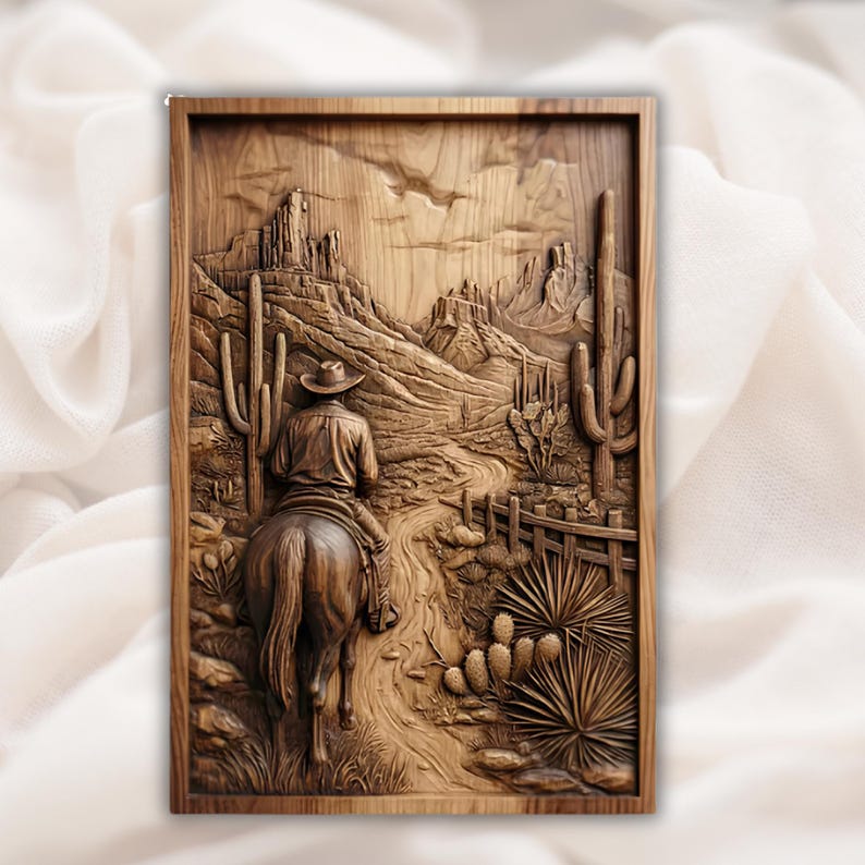 May include: A wooden relief carving depicts a cowboy on horseback traversing a desert landscape. The artwork features detailed textures of mountains, cacti, and a winding path, all within a rectangular frame. The color palette is primarily natural wood tones.