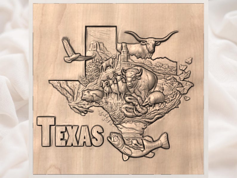May include: Wooden carving of the state of Texas, featuring detailed relief carvings of a longhorn, bison, eagle, and other wildlife. The word "TEXAS" is carved at the bottom. The artwork is displayed on a light-colored wooden surface.