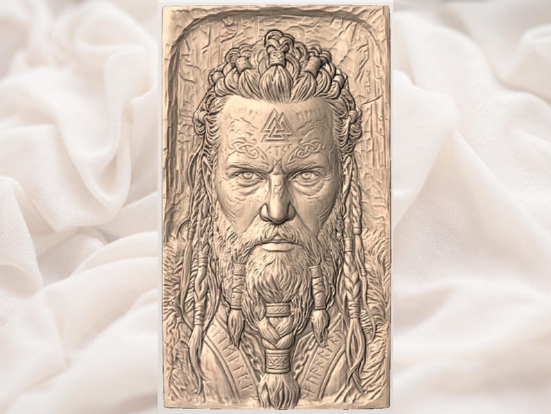 Norse Warrior Portrait STL | Viking Rune Relief| Braided Beard Wood Carving | Valhalla Wall Art Plaque | Rune Face Tattoo Nordic Wall Plaque image 3