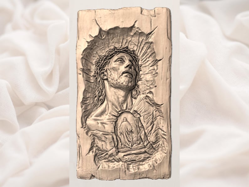 May include: A detailed relief carving of a man with a crown of thorns, looking upwards. The carving is set on a rectangular wooden plaque with a rough, textured surface. The figure's chest features a smaller relief.