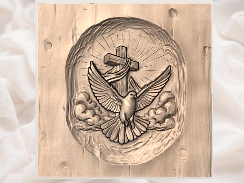 Helige Andes duva kors 3D-relief STL | CNC-fräs träsniderifil | Kristen väggkonstpanel | Dop konfirmation kyrkdekor bild 2