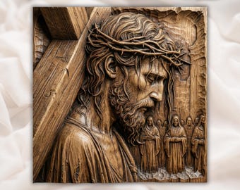 Jesús cargando la cruz en relieve STL / Modelo de tallado 3D para enrutador CNC / Panel de bajorrelieve con veta de madera de la corona de espinas de Cristo / Arte mural cristiano