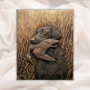 May include: A detailed wooden carving of a black Labrador Retriever holding a duck in its mouth. The dog is set against a backdrop of tall grass and cattails, all rendered in shades of brown.