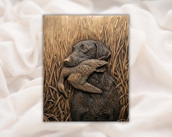 Retriever With Duck 3D Relief STL | Hunting Dog in Marsh Grass Scene Panel | CNC Router Carving File, 3D Print, Laser Engrave | Home Decor