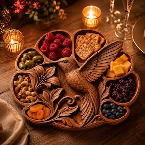 K&ouml;nnte beinhalten: Ein geschnitztes Holz-Serviertablett in Blumenform mit einem zentralen Kolibri-Relief. Das Tablett verf&uuml;gt &uuml;ber sechs separate F&auml;cher, gef&uuml;llt mit Himbeeren, Crackern, K&auml;sew&uuml;rfeln, getrockneten Cranberries, Blaubeeren, getrockneten Aprikosen und N&uuml;ssen.