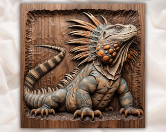 Jaszczurka iguana 3D Relief STL do frezarki CNC | Panel z rzeźbionym kolczastym gadem z drewna | Grafika ścienna z legwanem | Brodata agama w formacie STL