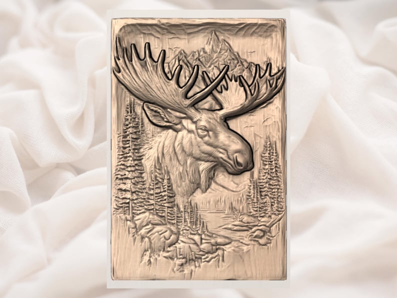 CNC wildlife carving of a bull moose in a natural mountain habitat, featuring layered depth, detailed textures, and carving-ready geometry for smooth finishing with 3mm and 1.5mm ball nose tools, ideal for woodworkers and hobbyists.