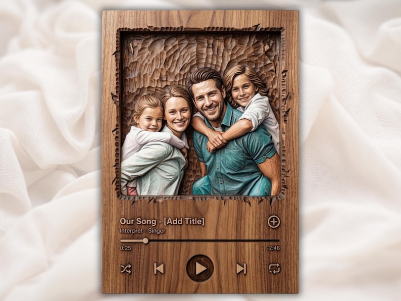 May include: A wooden plaque with a carved family portrait. The portrait features a family of four, with the parents and two children. The plaque includes a music player interface with the text "Our Song - [Add Title]" and "Interpret - Singer".