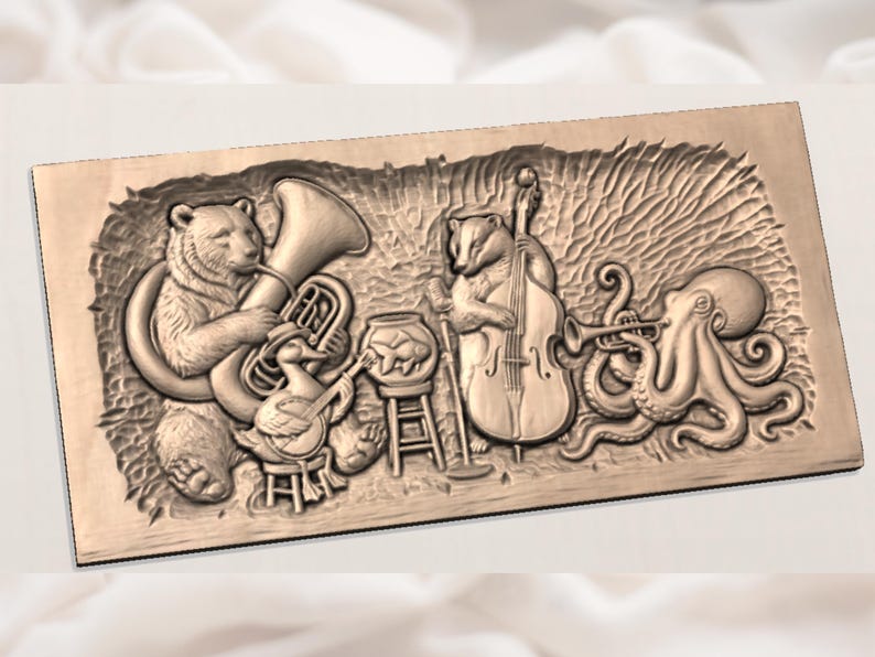 May include: A rectangular wooden relief carving featuring a bear playing a tuba, a duck with a banjo, a badger with a double bass, and an octopus with a trumpet. The animals are arranged as a musical ensemble.