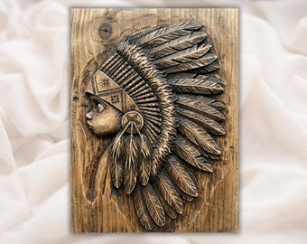Native Headdress Portrait 3D Relief STL | Aspire, VCarve Pro, Carveco, Fusion 360, ArtCAM | Tribal Warrior Face Wall Art