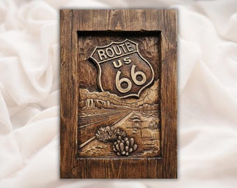 Route 66 3D Relief STL-Datei | USA Landstraße Schild Desert Road Holzmaserung CNC Carving | Reise Wand Kunst | 3D Druck & Lasergravur
