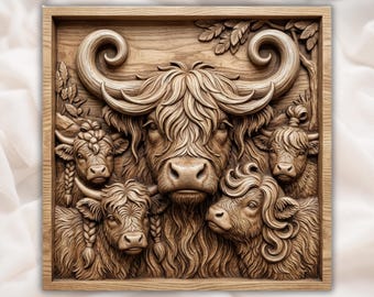 Highland Cow and Calf Family 3D Relief STL | Rustic Cattle Farmhouse Wall Art | CNC Router Laser