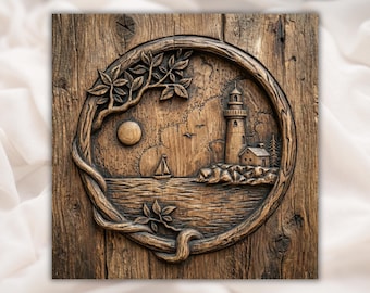 Lighthouse Coastal Scene 3D Relief STL File | Round Ocean Sailboat Wood Grain CNC Carving | Beach Wall Art | 3D Print & Laser Engraving