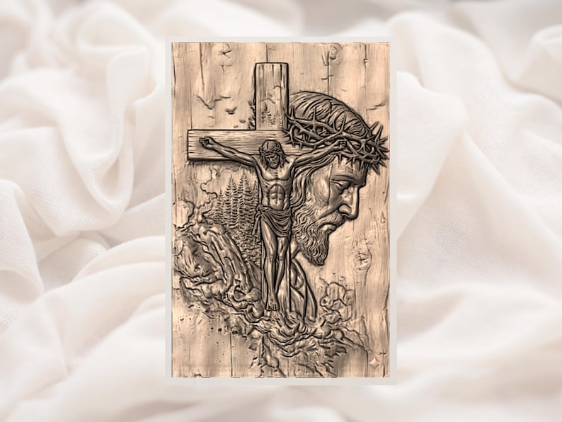 May include: A detailed wood carving depicting Jesus on the cross, with a crown of thorns and a sorrowful expression. The artwork is set against a textured wooden background, showcasing intricate details and a religious theme.