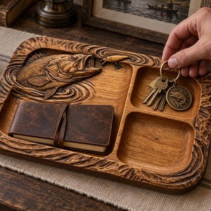 May include: A rectangular wooden valet tray featuring a carved bass fish and a fishing lure on the surface. The tray includes three distinct compartments, one containing a small leather-bound notebook and another holding a metal keychain with keys.