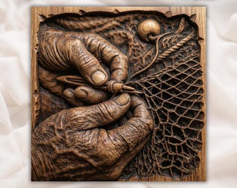 Fishing Net Repair Relief STL | CNC Router 3D Carving Model | Fisherman Hands Mending Net Wood Bas Relief Panel | Coastal Nautical Wall Art