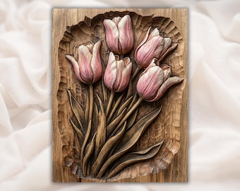 Tulp bloemen reliëf STL | 3D-snijmodel CNC-router | Roze tulpenboeket houtnerf basreliëfpaneel | Muurkunst lentebloemen