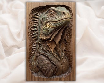 Portret iguany, płaskorzeźba 3D, STL | Panel z rzeźbą w drewnie z głową gada | Grafika ścienna z legwanem | Głowa jaszczurki, STL | Tabliczka ścienna z gadem