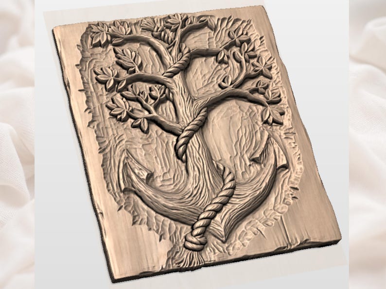 Peut inclure: Une sculpture en bois rectangulaire repr&eacute;sentant un arbre entrelac&eacute; avec une ancre. L'arbre a des feuilles et des branches d&eacute;taill&eacute;es, avec une corde enroul&eacute;e autour de l'ancre et de l'arbre. La sculpture est dans les tons bruns.