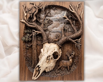 オジロジカの頭蓋骨のシーン STL | 角のトロフィーハンターのレリーフ | キャビンロッジの野生動物の壁飾り | 素朴な森の木目調装飾