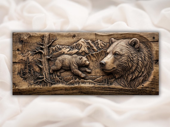 Grizzly Bear Bas Relief STL | Mountain Wilderness Plaque | Rustic Lodge Wall Decor |Grizzly Mountain Wall Art | Hand Carved Wood Grain Panel