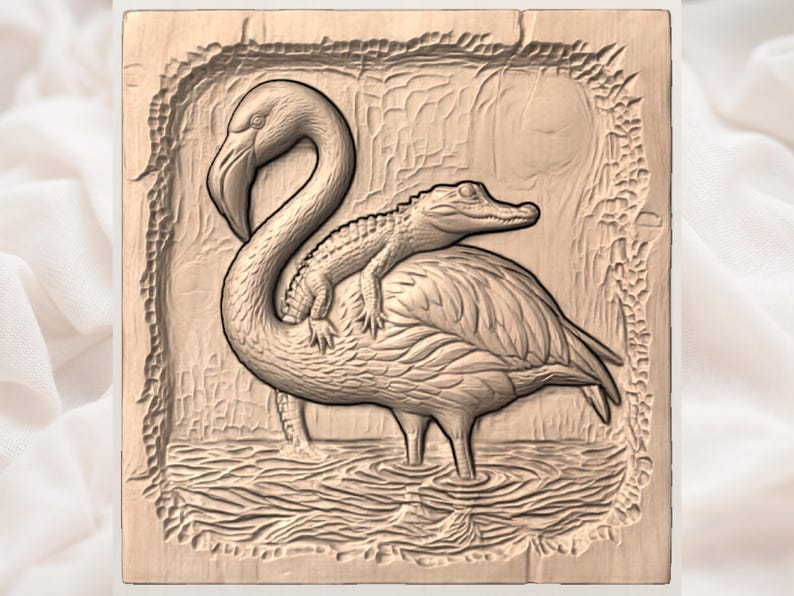 May include: A wooden carving depicts a flamingo with an alligator on its back, standing in water. The flamingo has a long, curved neck and a detailed beak. The alligator is small and detailed. The background features a textured, carved design, suggesting a natural environment.