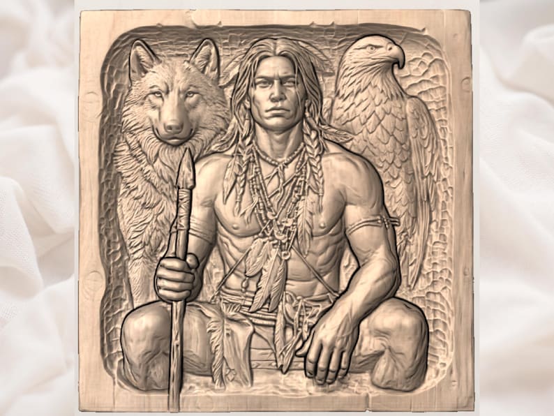 May include: A wooden carving depicting a Native American man with long hair, braids, and traditional adornments. A wolf and an eagle flank him. The man holds a spear, and the carving is detailed with textures and shadows.
