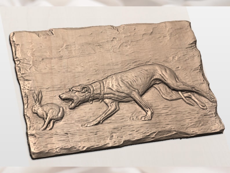 May include: A rectangular, light brown relief carving depicts a dog chasing a rabbit. The dog is in mid-stride, mouth open, and the rabbit is in a defensive posture. The background has a textured, stone-like appearance.