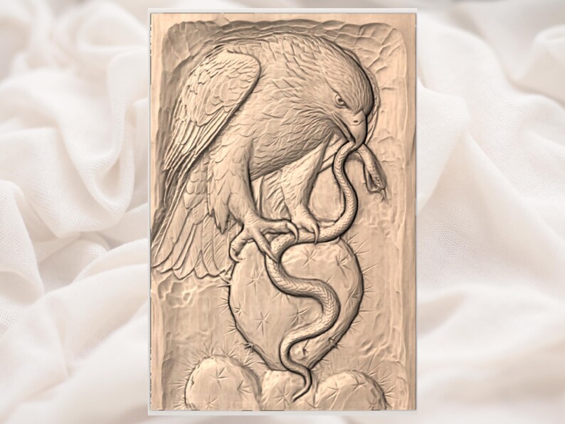 May include: A detailed relief carving depicts an eagle clutching a snake in its beak and talons, perched atop a cactus. The artwork is rendered in shades of brown, showcasing intricate textures and a dynamic composition. The carving is set against a neutral background.