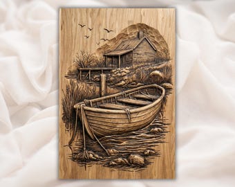 Cabaña de lago con bote de remos, relieve 3D STL/archivo de tallado de madera para enrutador CNC/panel de arte de pared con paisaje de barco de pesca rústico/decoración de casa de lago