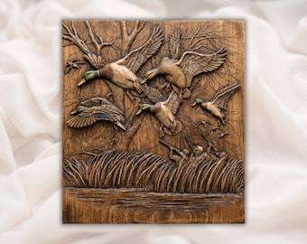Mallard Ducks 3D Relief STL | Waterfowl Hunting Marsh Scene Panel | CNC Router Carving File, 3D Print, Laser Engrave | Home Decor