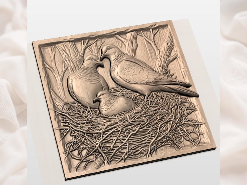 May include: A wooden relief carving of a dove family in a nest. The artwork features two adult doves and one chick nestled in a detailed nest, with tree branches in the background. The carving is in shades of brown.
