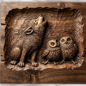 Howling Wolf & Owls 3D Relief STL view 1