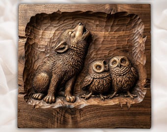 Lupo ululante e gufi 3D in rilievo STL / File per intaglio del legno con router CNC per animali selvatici / Bassorilievo da parete con animali della foresta